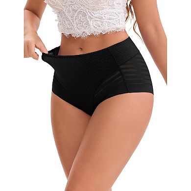 3 Packs Women's High-Waisted Hollow Lace Mesh Underwear Full Coverage Seamless Cotton Briefs