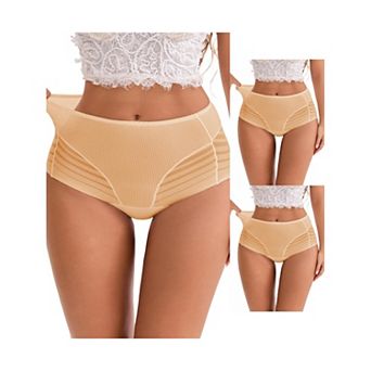 3 Packs Women's High-Waisted Hollow Lace Mesh Underwear Full Coverage Seamless Cotton Briefs