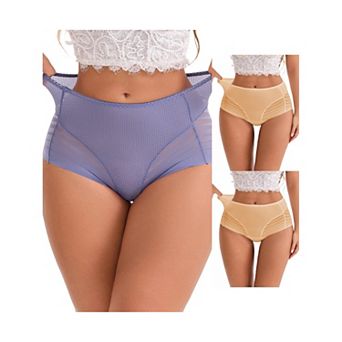 3 Packs Women's High-Waisted Hollow Lace Mesh Underwear Full Coverage Seamless Cotton Briefs