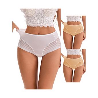 3 Packs Women's High-Waisted Hollow Lace Mesh Underwear Full Coverage Seamless Cotton Briefs