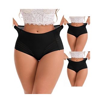 3 Packs Women's High-Waisted Hollow Lace Mesh Underwear Full Coverage Seamless Cotton Briefs