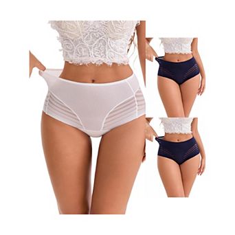 3 Packs Women's High-Waisted Hollow Lace Mesh Underwear Full Coverage Seamless Cotton Briefs