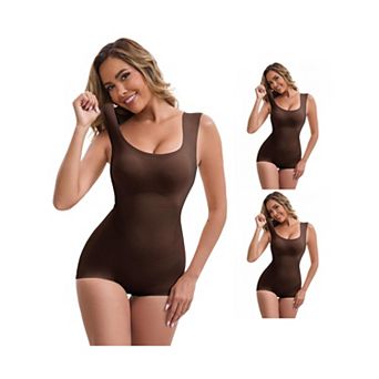 3 Packs Women's Crotch Hook Closure Bodysuits Padded Wide Straps Hip-Lifter Tank Jumpsuits