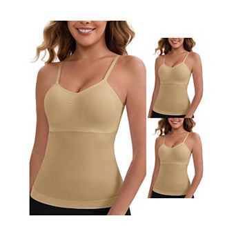 3 Packs Women's Long V-Neck Tummy Control Bosom Lift Padded Camisole Seamless Slim Fit Shaping Tank