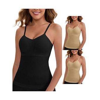 3 Packs Women's Long V-Neck Tummy Control Bosom Lift Padded Camisole Seamless Slim Fit Shaping Tank