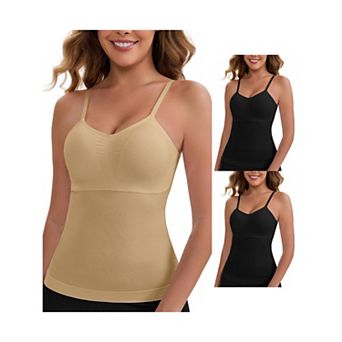 3 Packs Women's Long V-Neck Tummy Control Bosom Lift Padded Camisole Seamless Slim Fit Shaping Tank