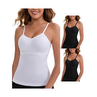 3 Packs Women's Long V-Neck Tummy Control Bosom Lift Padded Camisole Seamless Slim Fit Shaping Tank