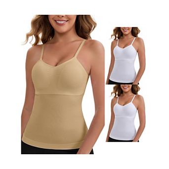 3 Packs Women's Long V-Neck Tummy Control Bosom Lift Padded Camisole Seamless Slim Fit Shaping Tank