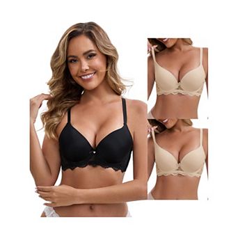 3 Packs Women's Lace Plunge Push Up Underwired Bra Adjustable Spaghetti Straps Smoothing Lingerie