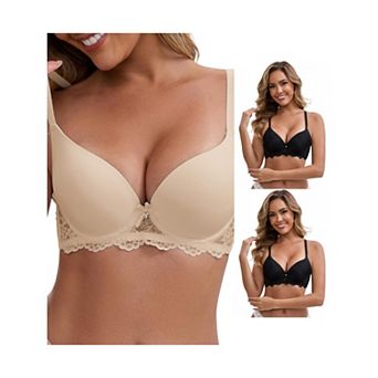 3 Packs Women's Lace Plunge Push Up Underwired Bra Adjustable Spaghetti Straps Smoothing Lingerie