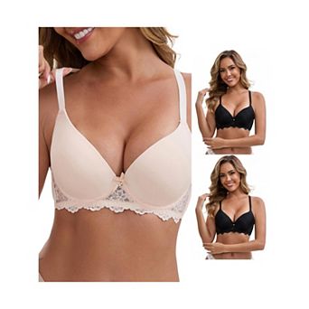 3 Packs Women's Lace Plunge Push Up Underwired Bra Adjustable Spaghetti Straps Smoothing Lingerie