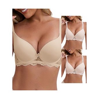 3 Packs Women's Lace Plunge Push Up Underwired Bra Adjustable Spaghetti Straps Smoothing Lingerie