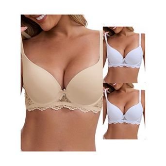 3 Packs Women's Lace Plunge Push Up Underwired Bra Adjustable Spaghetti Straps Smoothing Lingerie
