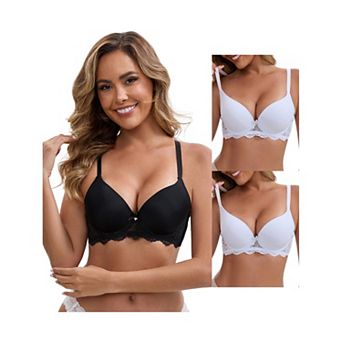 3 Packs Women's Lace Plunge Push Up Underwired Bra Adjustable Spaghetti Straps Smoothing Lingerie