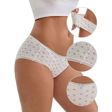 3 Packs Women's Flower Print Mid-Waisted Full Coverage Briefs Elastic Breathable Cotton Underwear