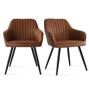 Set of 2 Modern Faux Leather Dining Chairs with Metal Legs Upholstered Arm Chairs