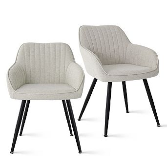 Set of 2 Fabric Dining Chairs Upholstered Arm Chairs with Black Metal Legs for Kitchen