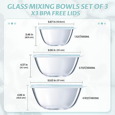 Glass Mixing Bowls Set with Lids (3PC)