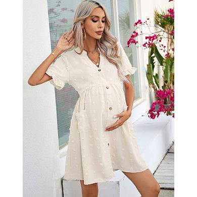 Women's Maternity Summer Swiss Dot Mini Dress V Neck Short Sleeve Button Down with Pockets