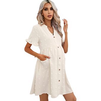 Women's Maternity Summer Swiss Dot Mini Dress V Neck Short Sleeve Button Down with Pockets