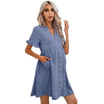 Women's Maternity Summer Swiss Dot Mini Dress V Neck Short Sleeve Button Down with Pockets