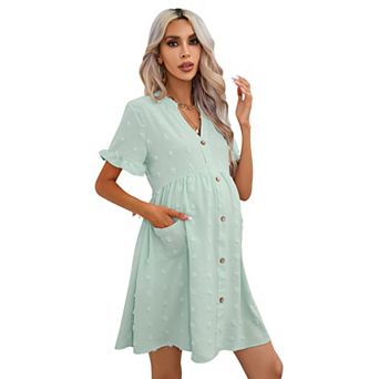 Women's Maternity Summer Swiss Dot Mini Dress V Neck Short Sleeve Button Down with Pockets