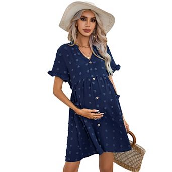 Women's Maternity Summer Swiss Dot Mini Dress V Neck Short Sleeve Button Down with Pockets