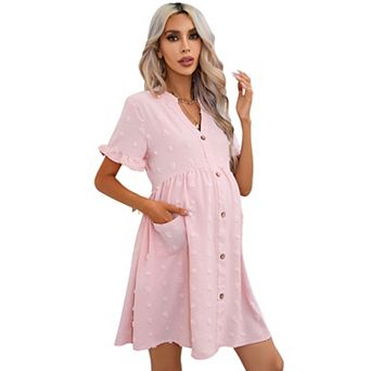 Women's Maternity Summer Swiss Dot Mini Dress V Neck Short Sleeve Button Down with Pockets