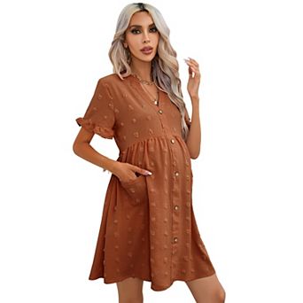 Women's Maternity Summer Swiss Dot Mini Dress V Neck Short Sleeve Button Down with Pockets