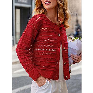 Women's Long Sleeve Crochet Crop Tops Boho Lightweight Summer Button Down Cardigan Sweaters