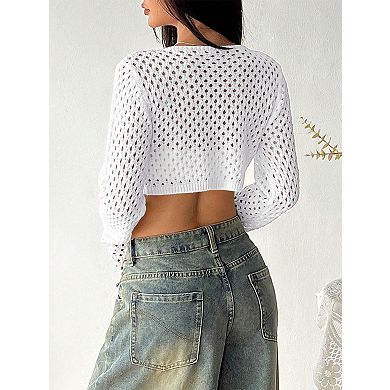 Women's Crochet Knit Tie-Front Cropped Long Sleeve Top