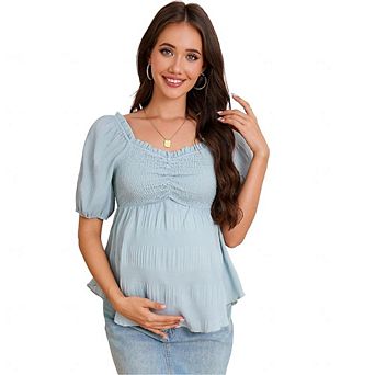 Women's Maternity Summer Smocked Puff Short Sleeve Pleated Shirt Top Casual Flowy Swing Blouse