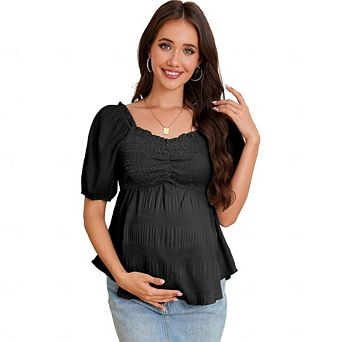 Women's Maternity Summer Smocked Puff Short Sleeve Pleated Shirt Top Casual Flowy Swing Blouse