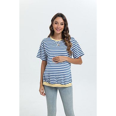 Women's Maternity Short Sleeve Crewneck Contrast Stripe Tee T-Shirts
