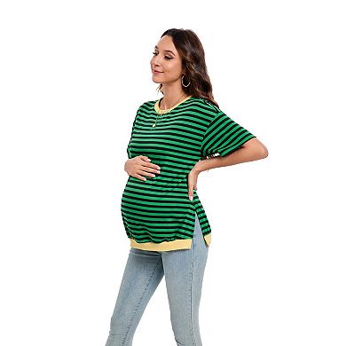 Women's Maternity Short Sleeve Crewneck Contrast Stripe Tee T-Shirts