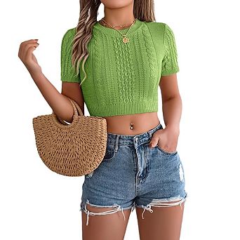 Women's Lightweight Cable Knit Crop Sweater Short Sleeve Crew Neck Summer Pullover Tops