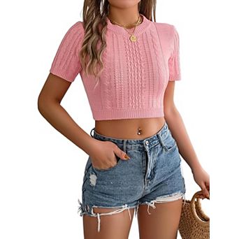 Women's Lightweight Cable Knit Crop Sweater Short Sleeve Crew Neck Summer Pullover Tops