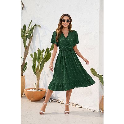 short sleeve high neck midi dress Navy Short Sleeve Dress - V-Neck Midi Dress - Dress With Pockets