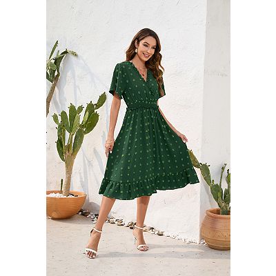 short sleeve casual midi dress S-XL Women's Midi Dress Casual Square Neck Short Sleeve Elegant Fashion  Wear NEW