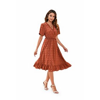 Women's High Waist Short Sleeve V Neck Midi Casual Dress