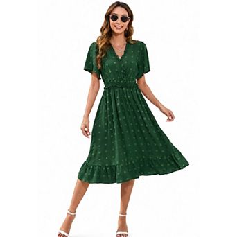Women's High Waist Short Sleeve V Neck Midi Casual Dress
