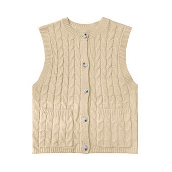 Girls Sleeveless Cable Knit Vest Lightweight Button Down Sweater Cardigan Tank Tops with Pockets