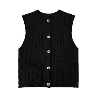 Girls Sleeveless Cable Knit Vest Lightweight Button Down Sweater Cardigan Tank Tops with Pockets
