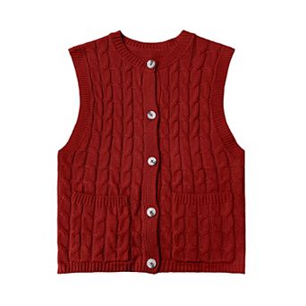 Girls Sleeveless Cable Knit Vest Lightweight Button Down Sweater Cardigan Tank Tops with Pockets