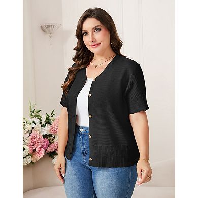 Women Plus Size Short Sleeves Cardigan V Neck Button Down Sweaters Tops