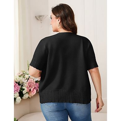 Women Plus Size Short Sleeves Cardigan V Neck Button Down Sweaters Tops