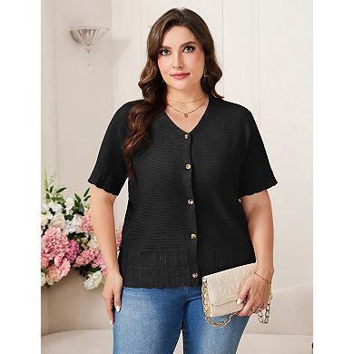 Women Plus Size Short Sleeves Cardigan V Neck Button Down Sweaters Tops