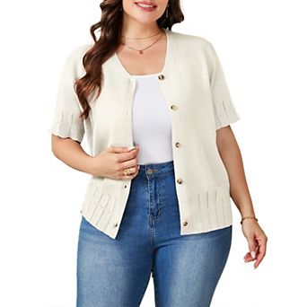 Women Plus Size Short Sleeves Cardigan V Neck Button Down Sweaters Tops