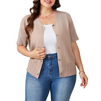 Women Plus Size Short Sleeves Cardigan V Neck Button Down Sweaters Tops
