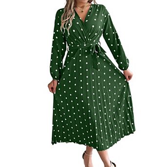 Women's Polka Dot Wrap V-Neck Long Sleeve Pleated Midi Dress with Waist Belt